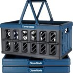 CleverMade Collapsible Shopping Basket, Ocean, 3PK - 24L (6 Gal) Reusable Plastic Grocery Shopping Baskets, Holds 25lbs Per Basket - Small Foldable Storage Crates with Handles