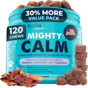 Mighty Paw Calming Chews for Dogs with Melatonin - Vet Formulated Dog Sleep Aid - Puppy & Large Pet Treats - Waggables Calm -Composure Calming Chews for Stress & Relaxation, 120 Count (Made in USA)