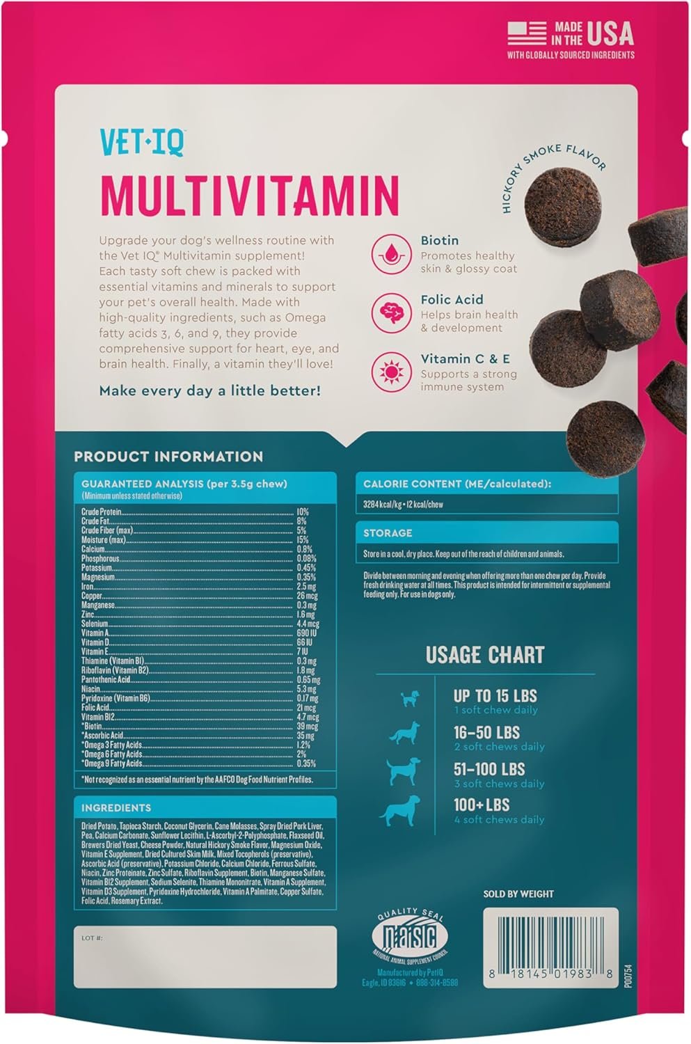 VetIQ Multivitamin Supplement for Dogs, Supports Active Brain Function, Immune System, and Digestive System, Hickory Smoke Flavored Dog Multivitamin, Made in The USA, 60 Count - Image 8