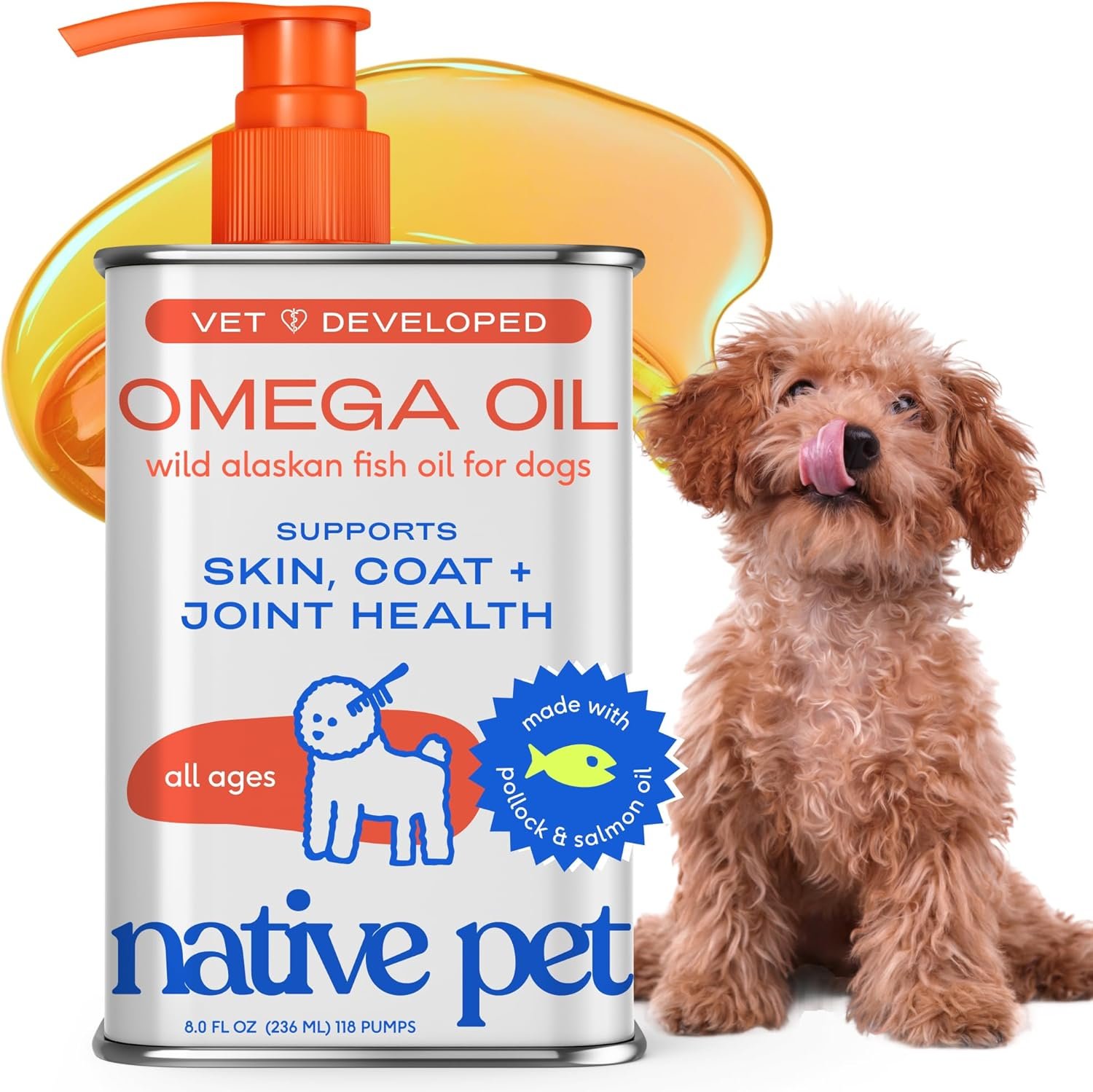 Native Pet Omega 3 Fish Oil for Dogs & Cats – Wild Alaskan Salmon Oil for Dogs Skin and Coat, Supports Joints, Heart & Shedding – Fast-Absorbing Omega 3 6 9 Liquid Supplement – 8oz