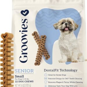 Groovies Senior Small Dog Dental Chews for Dogs, Patented DentalFit Technology for Plaque & Tartar Support, Flexible Texture for Easy Chewing, Chicken Flavor, USA Manufactured, 5–15 lb Dogs,22 Count