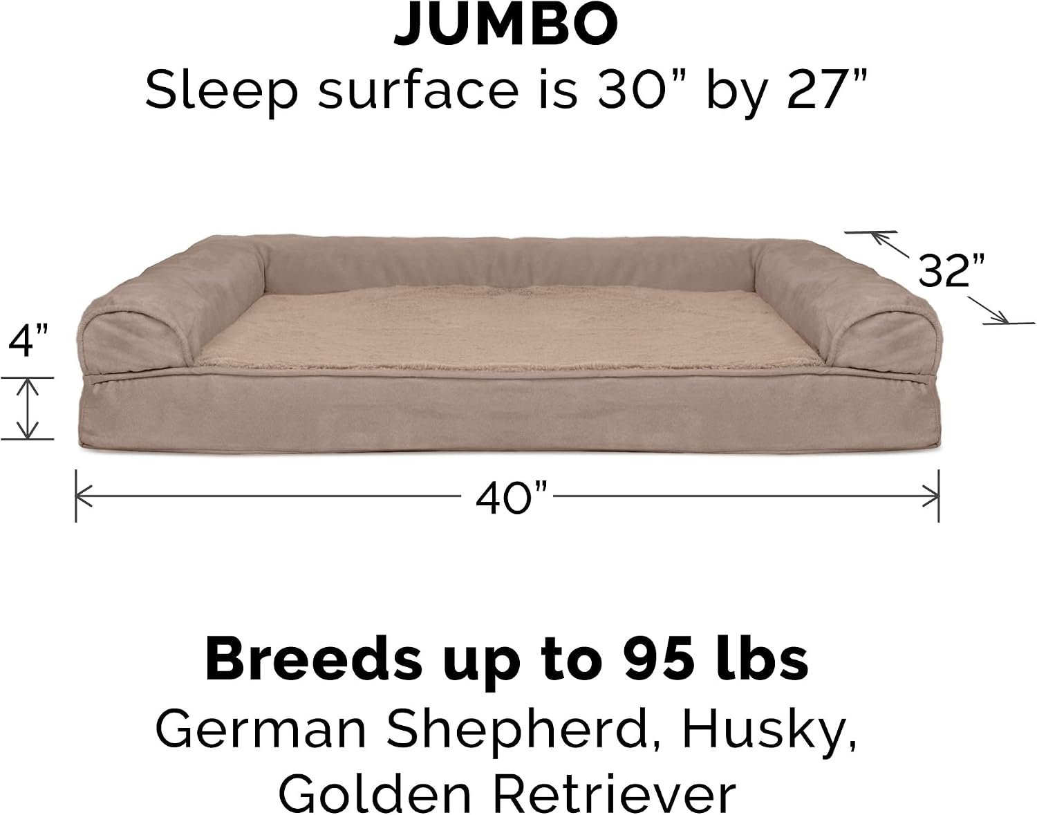Furhaven Orthopedic Dog Bed for Large Dogs w/ Removable Bolsters & Washable Cover, For Dogs Up to 95 lbs - Plush & Suede Sofa - Almondine, Jumbo/XL - Image 2