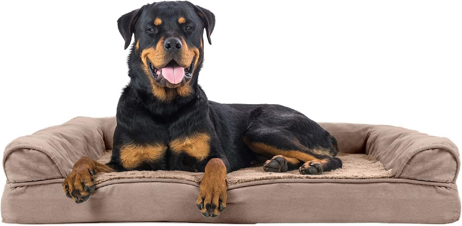 Furhaven Orthopedic Dog Bed for Large Dogs w/ Removable Bolsters & Washable Cover, For Dogs Up to 95 lbs - Plush & Suede Sofa - Almondine, Jumbo/XL