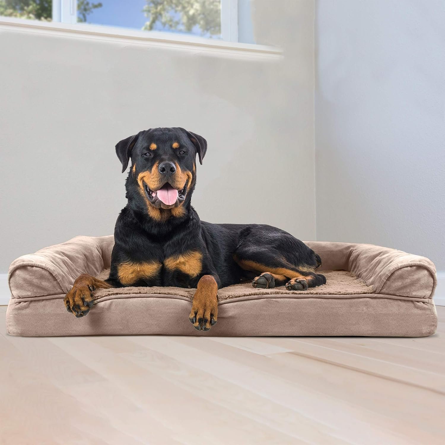 Furhaven Orthopedic Dog Bed for Large Dogs w/ Removable Bolsters & Washable Cover, For Dogs Up to 95 lbs - Plush & Suede Sofa - Almondine, Jumbo/XL - Image 3